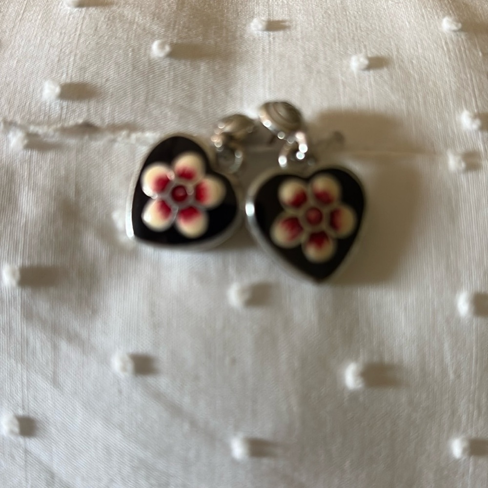 Brighton Spring Fever Heart Shape Pink Flower Dangle Earrings Silver Tone Vtg